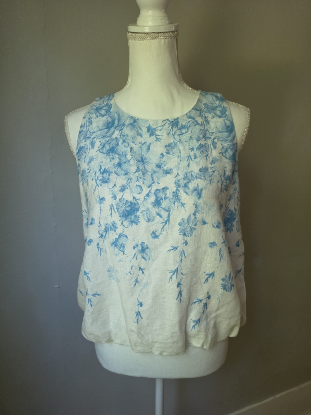 CeCe White Linen Tank with Blue Floral Print